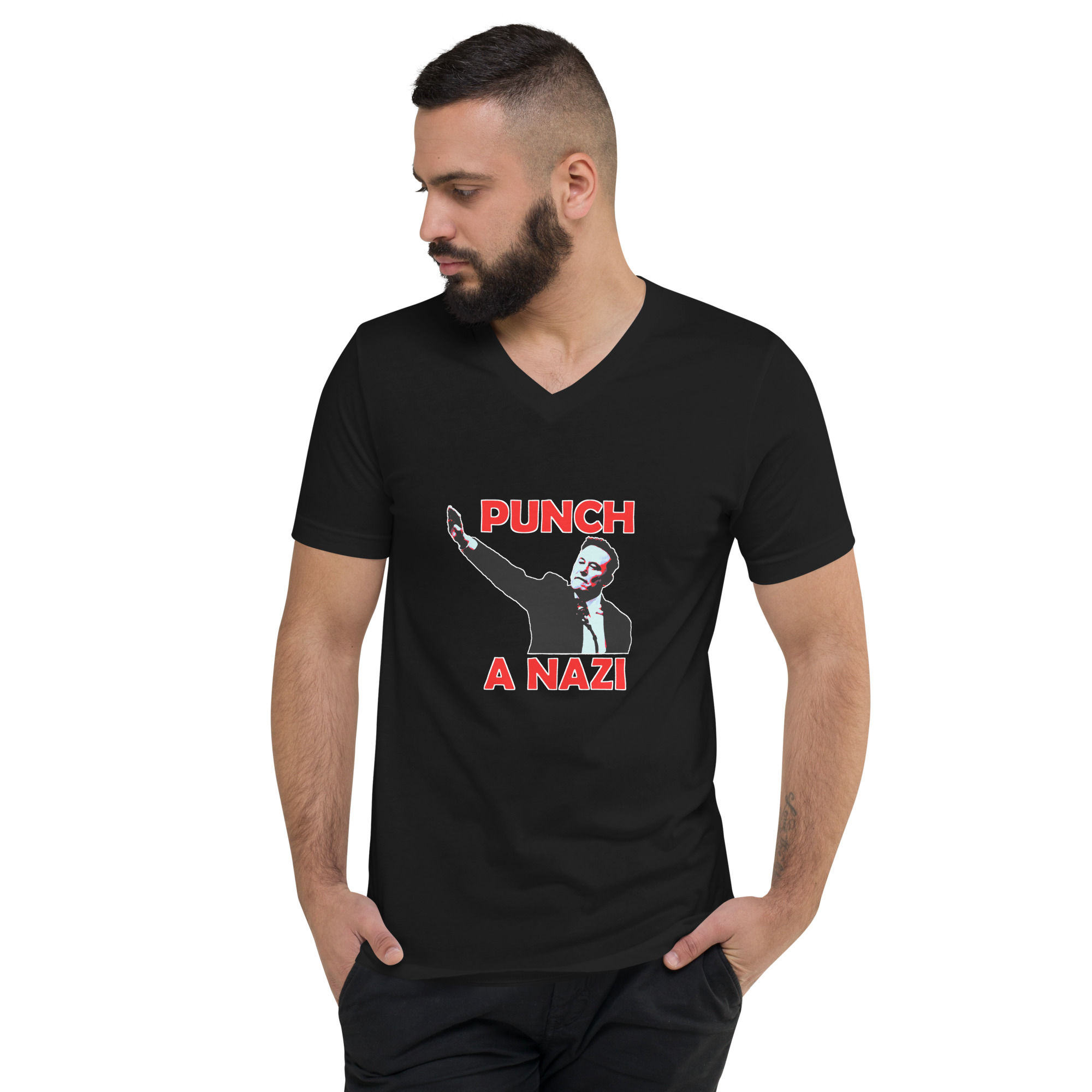 Punch A Nazi V-Neck T-shirt in Black