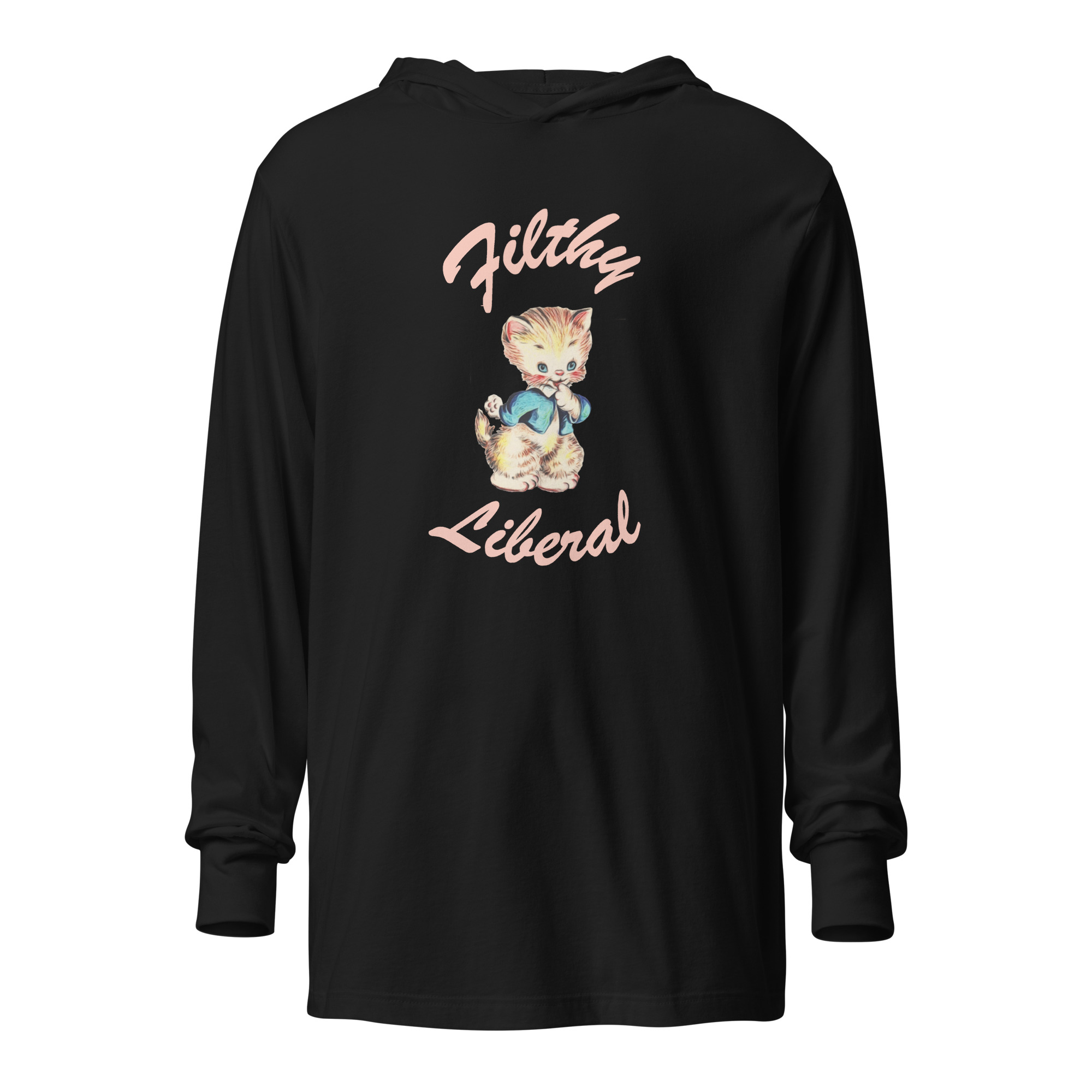 Black Hooded Long-Sleeve Tee with guilty-looking cat graphic and the words Filthy Liberal