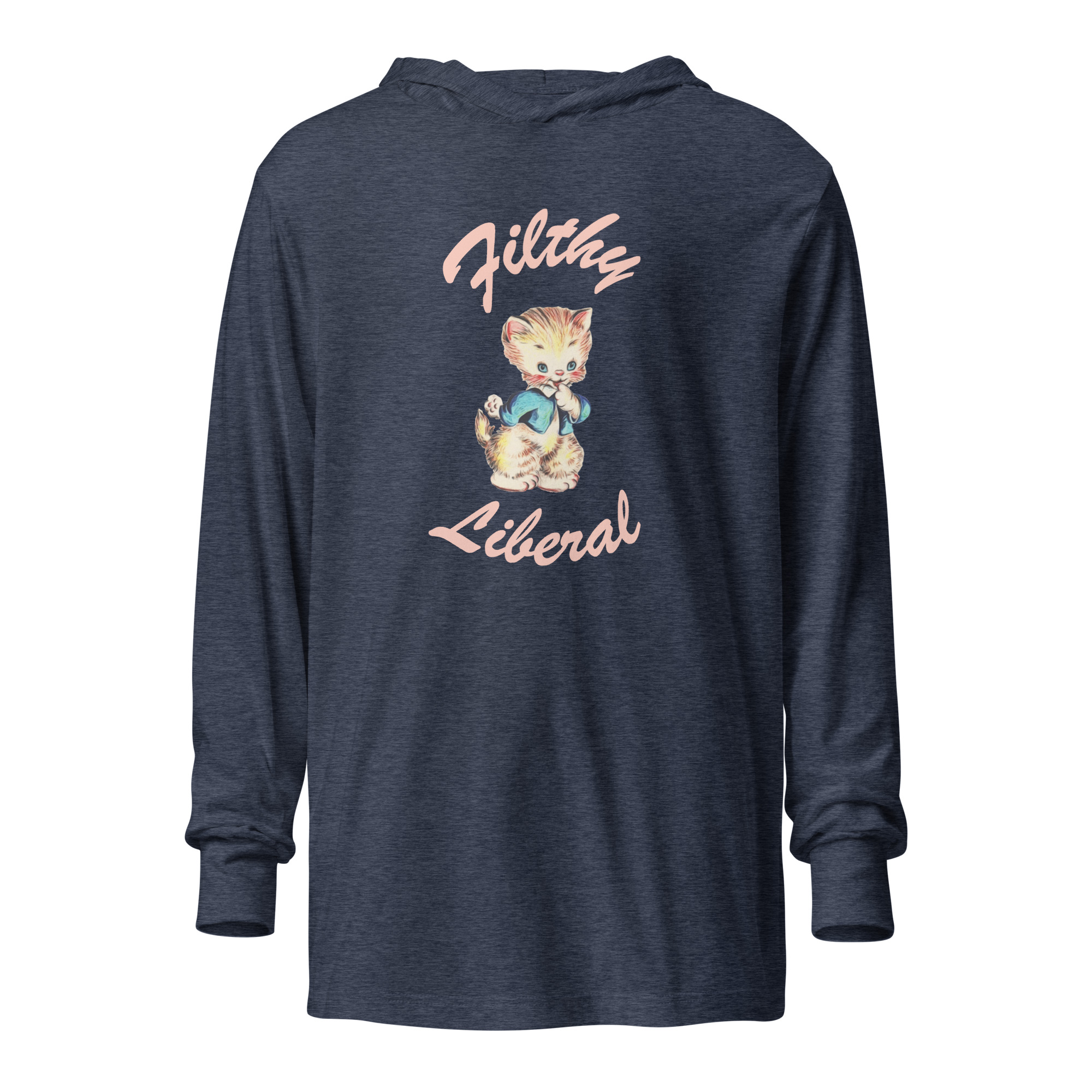 Heather Navy Hooded Long-Sleeve Tee with guilty-looking cat graphic and the words Filthy Liberal