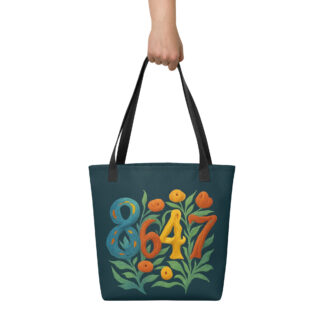 Hand holding a teal colored tote bag with black handles with 8647 graphic