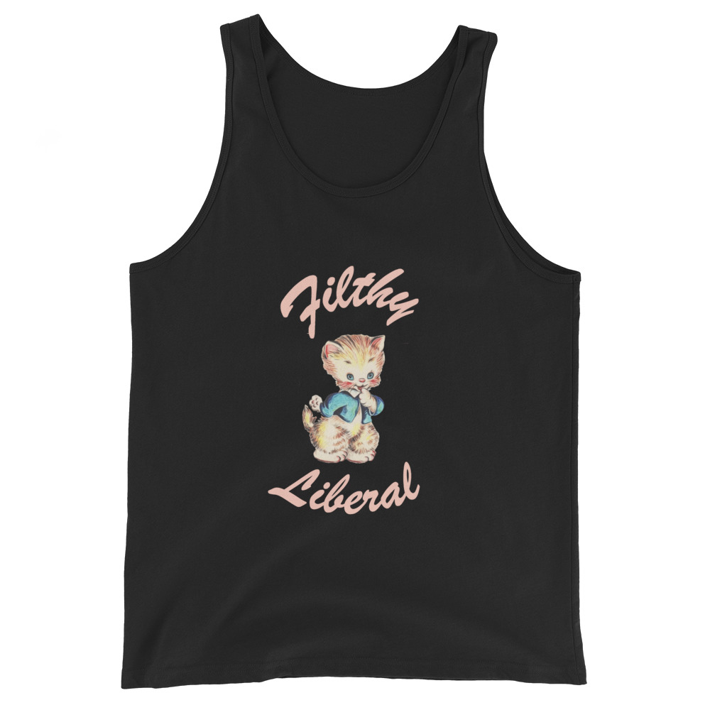 Black Tank Top with guilty-looking cat graphic and the words Filthy Liberal