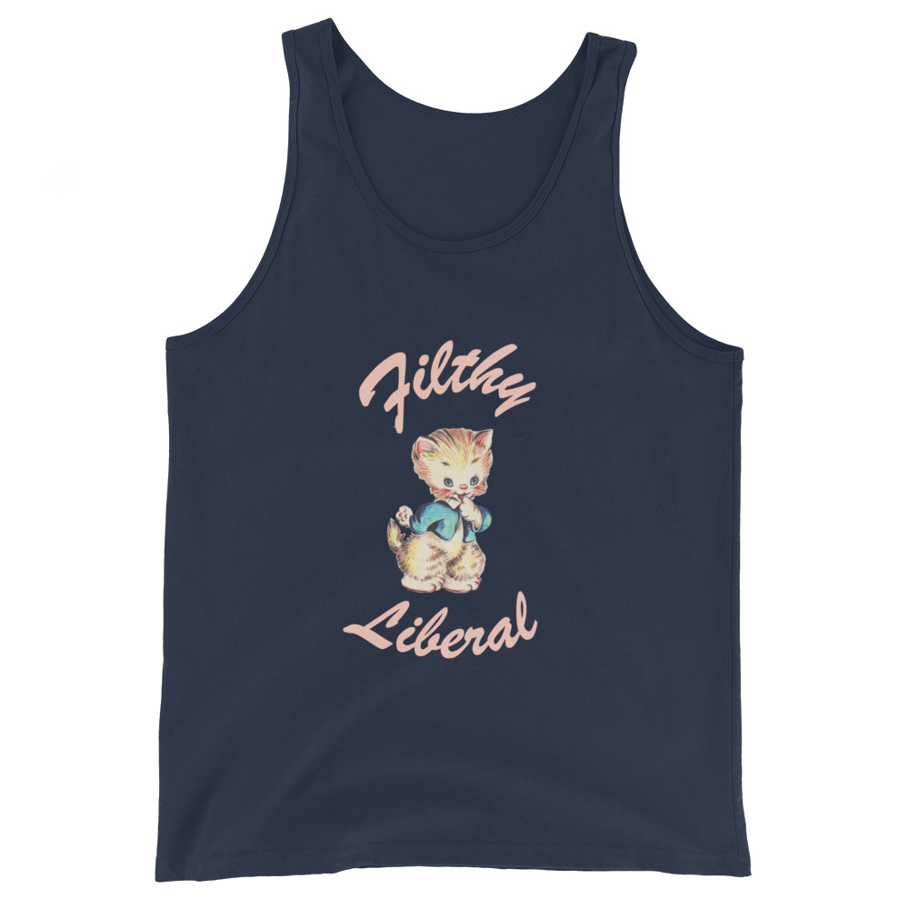 Navy Tank Top with guilty-looking cat graphic and the words Filthy Liberal