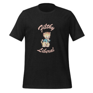 Black Heather T-shirt with guilty-looking cat graphic and the words Filthy Liberal