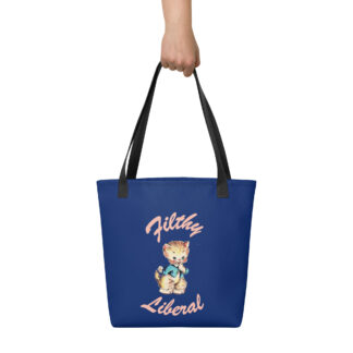 Blue tote bag with black handles held by hand with guilty-looking cat graphic and the words Filthy Liberal