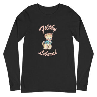 Black Heather Long Sleeve T-shirt with guilty-looking cat graphic and the words Filthy Liberal