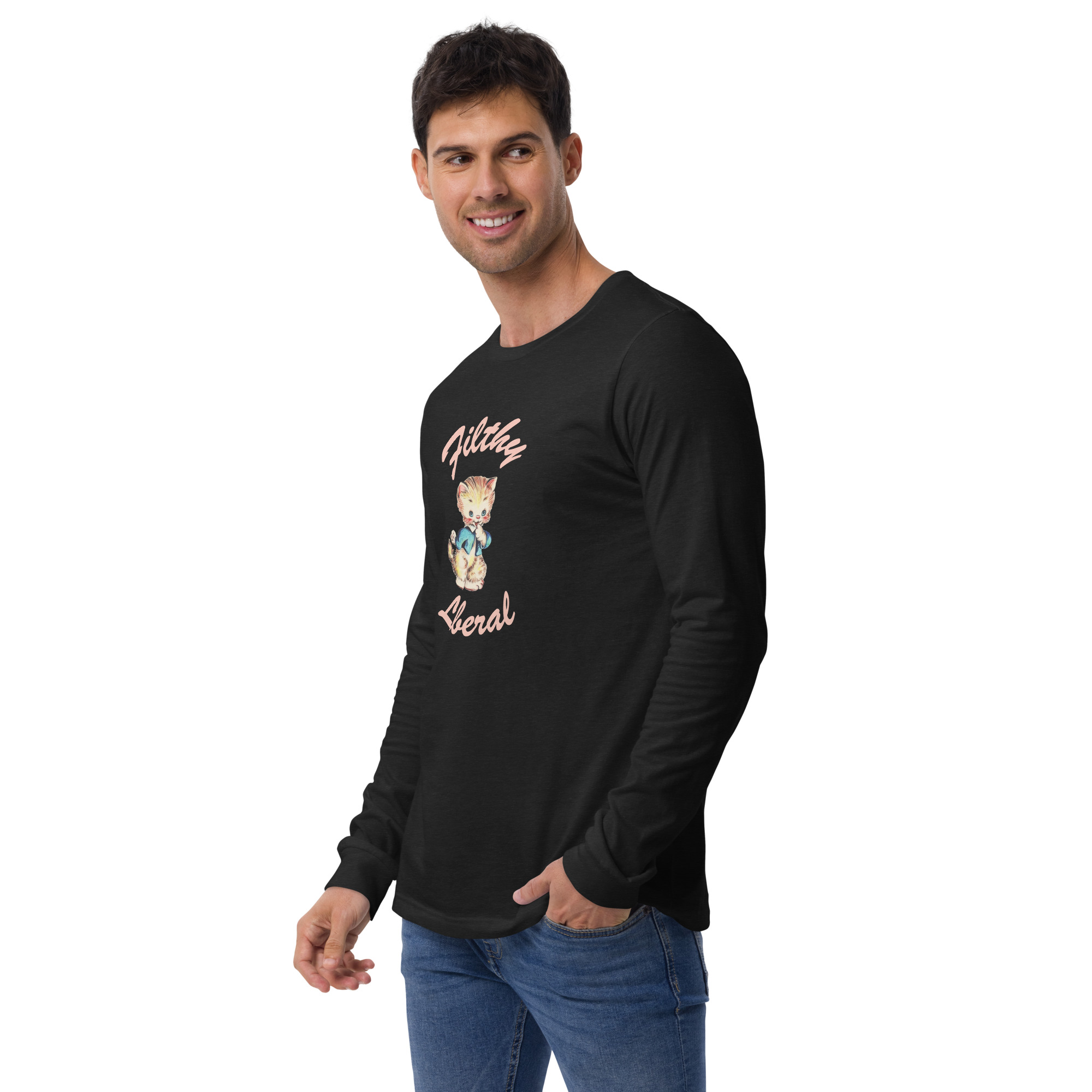 Black Heather Long Sleeve T-shirt with guilty-looking cat graphic and the words Filthy Liberal on male