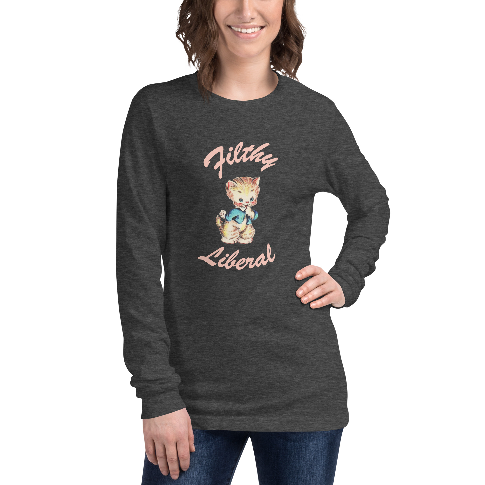 Dark Grey Heather Long Sleeve T-shirt with guilty-looking cat graphic and the words Filthy Liberal on female