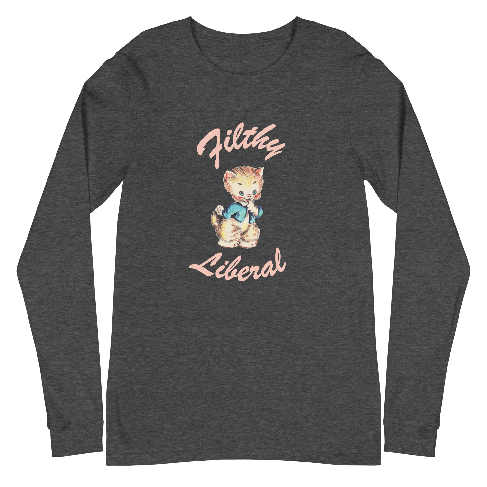 Dark Grey Heather Long Sleeve T-shirt with guilty-looking cat graphic and the words Filthy Liberal
