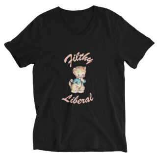 Black V-Neck T-Shirt with guilty-looking cat graphic and the words Filthy Liberal