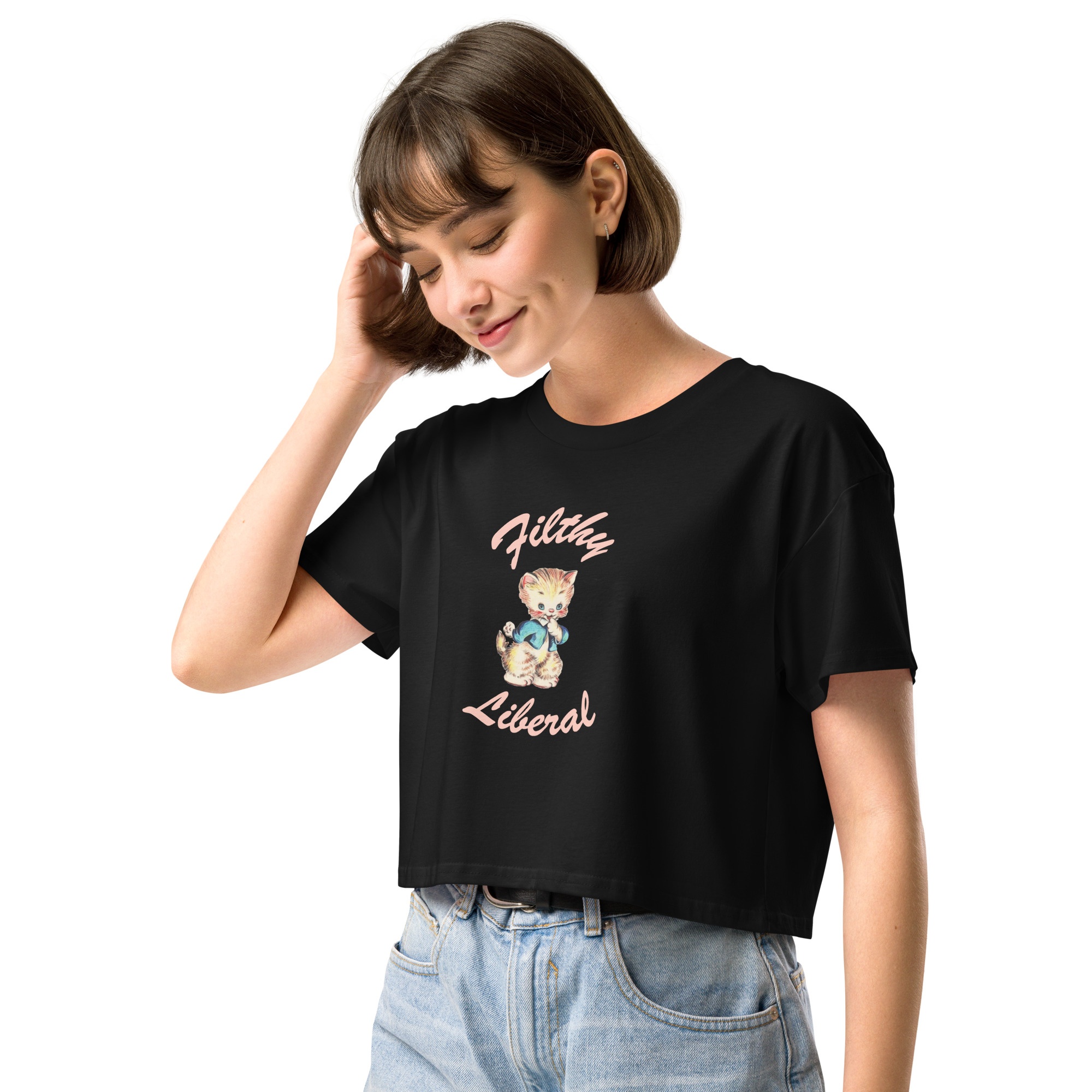 Black Crop Top with guilty-looking cat graphic and the words Filthy Liberal on female