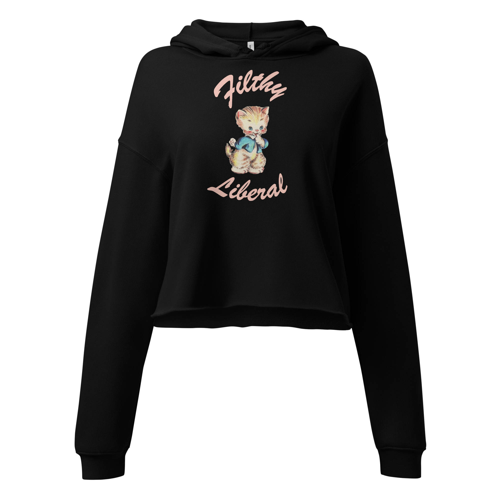 Black Cropped Hoodie with guilty-looking cat graphic and the words Filthy Liberal