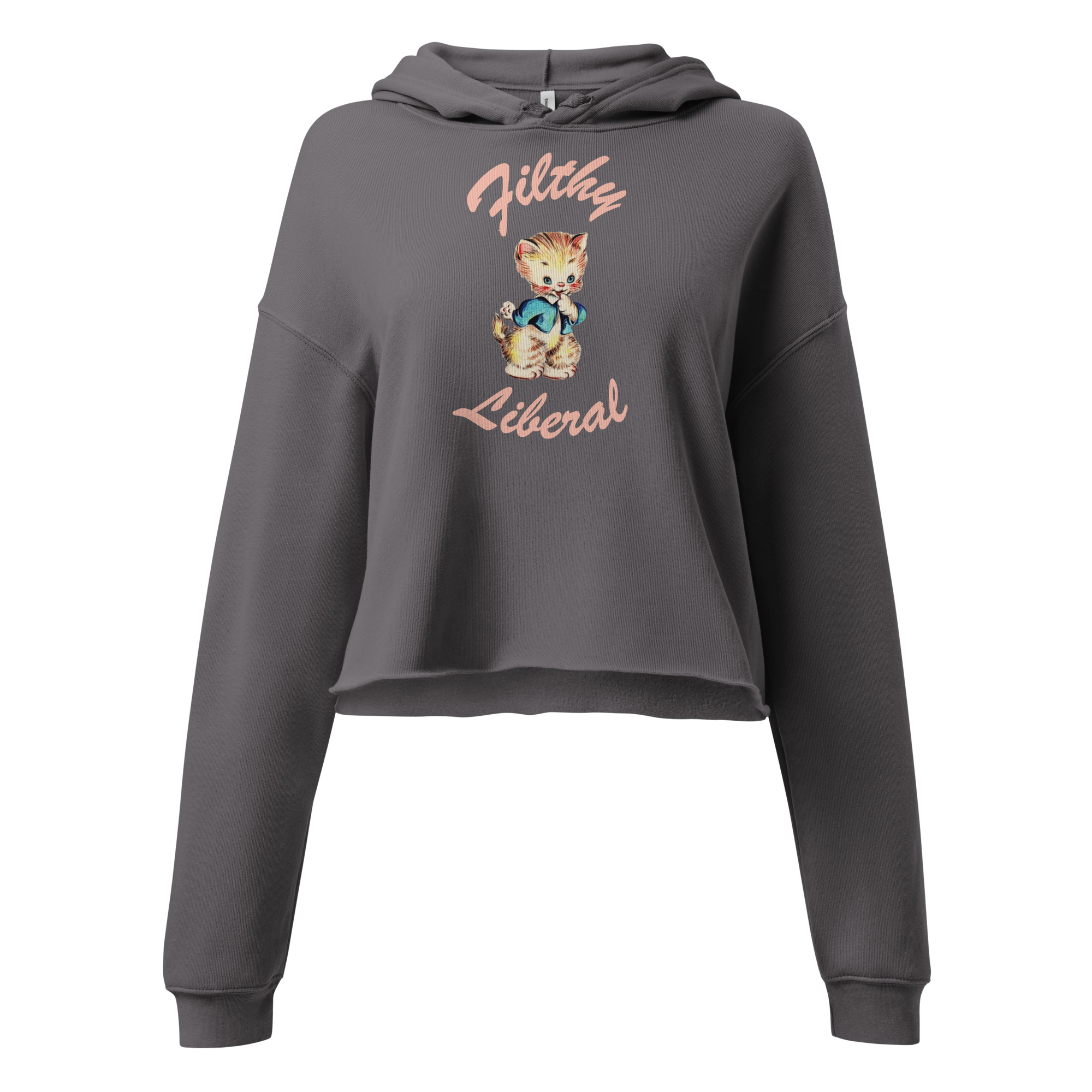 Dark Grey Cropped Hoodie with guilty-looking cat graphic and the words Filthy Liberal