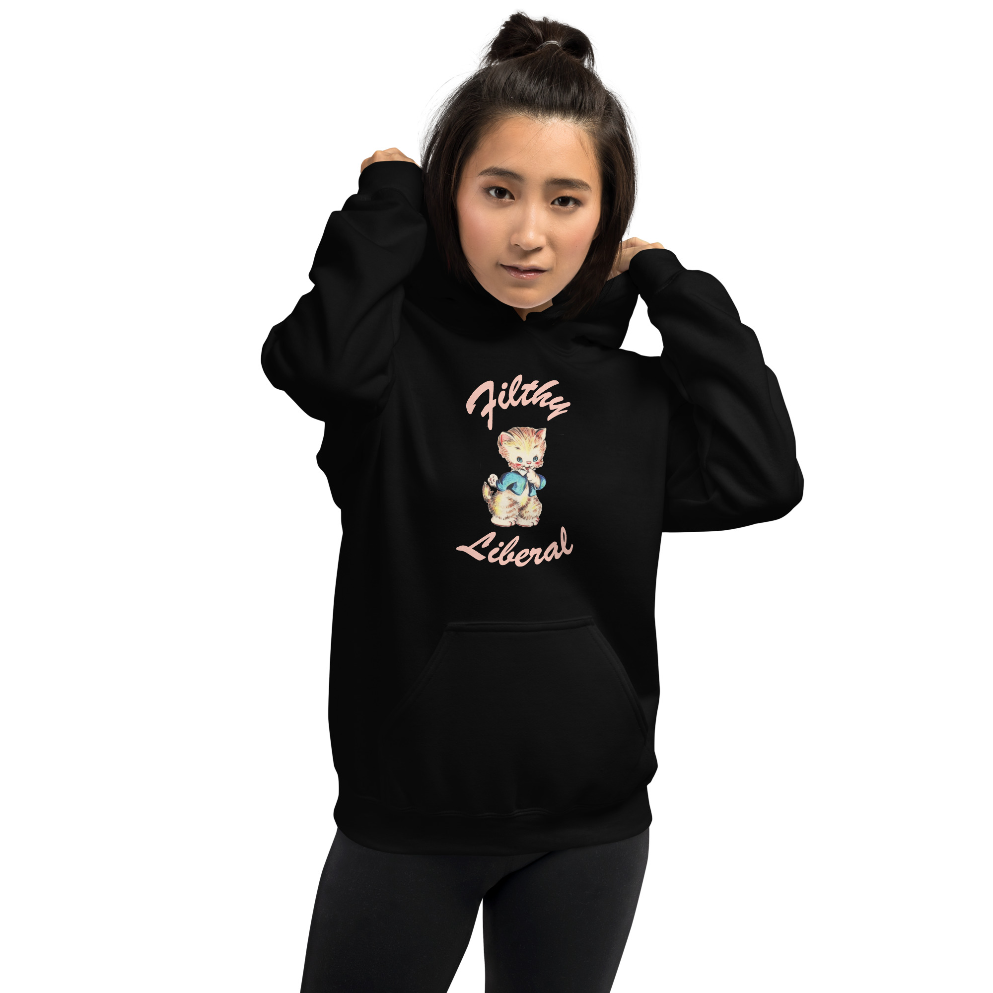 Black Unisex Hoodie with guilty-looking cat graphic and the words Filthy Liberal on female