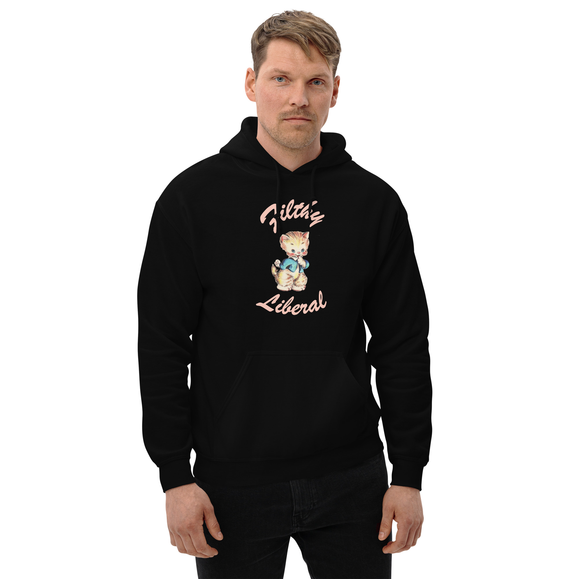 Black Unisex Hoodie with guilty-looking cat graphic and the words Filthy Liberal on male