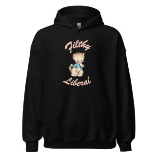 Black Unisex Hoodie with guilty-looking cat graphic and the words Filthy Liberal