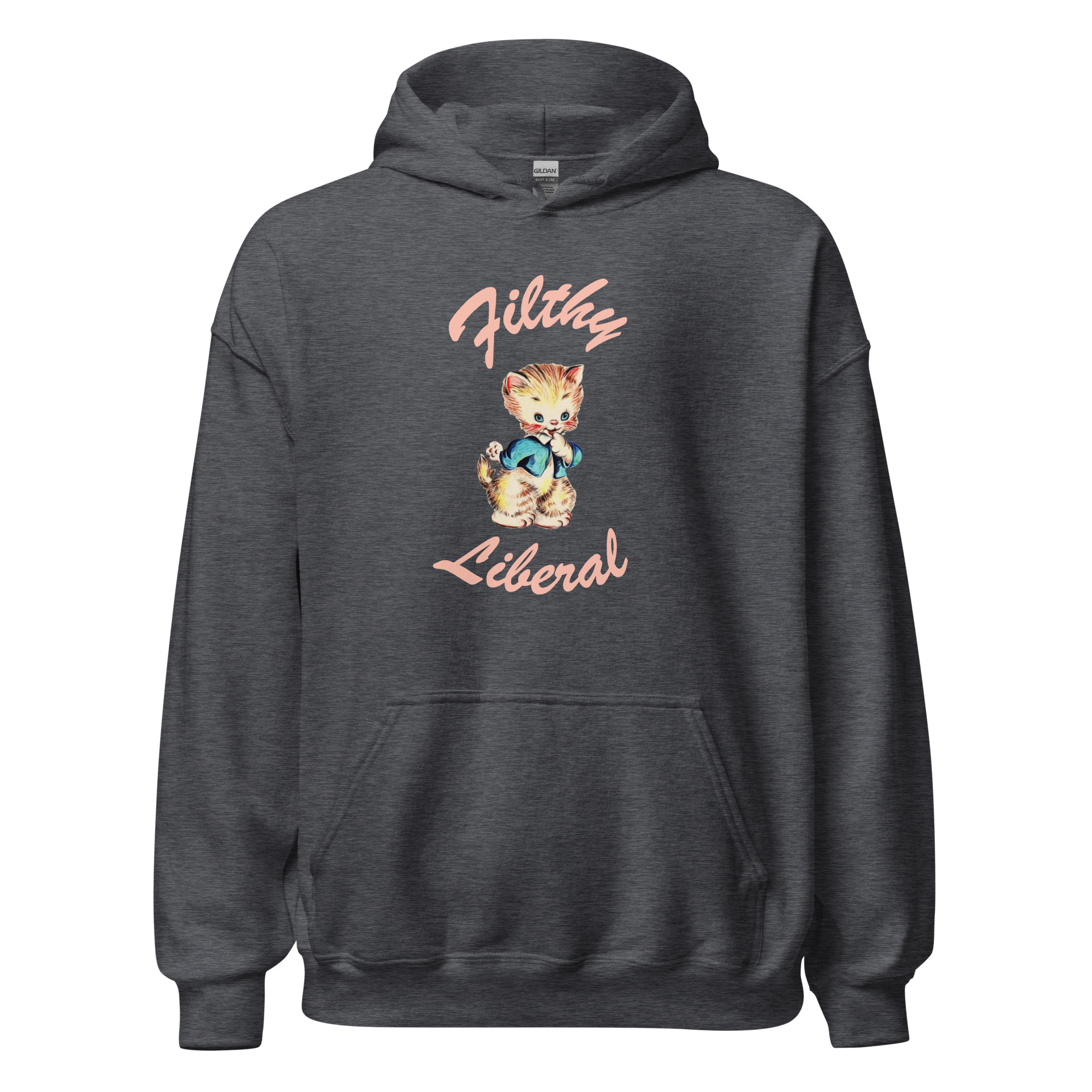 Dark Heather Unisex Hoodie with guilty-looking cat graphic and the words Filthy Liberal