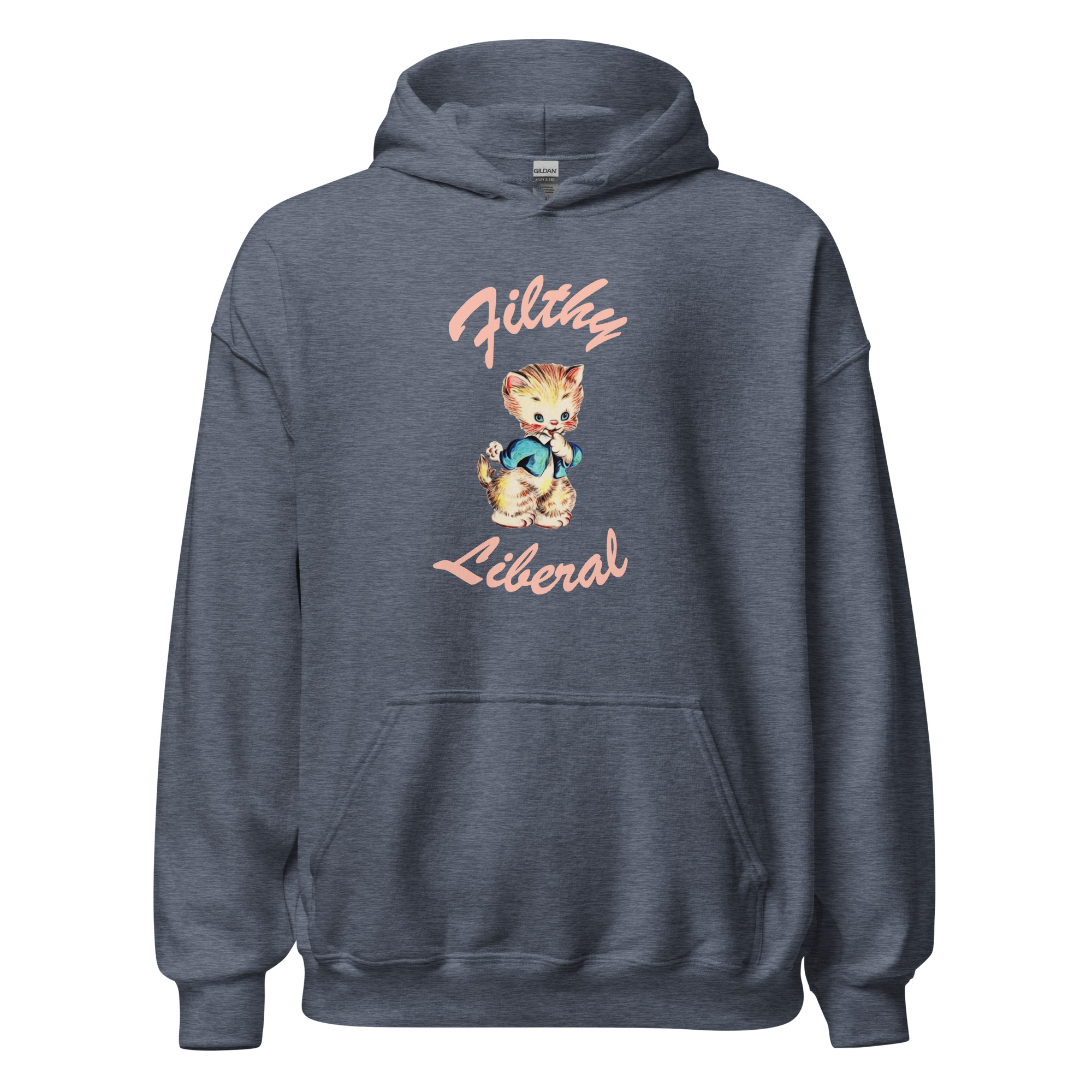 Heather Sport Dark Navy Unisex Hoodie with guilty-looking cat graphic and the words Filthy Liberal
