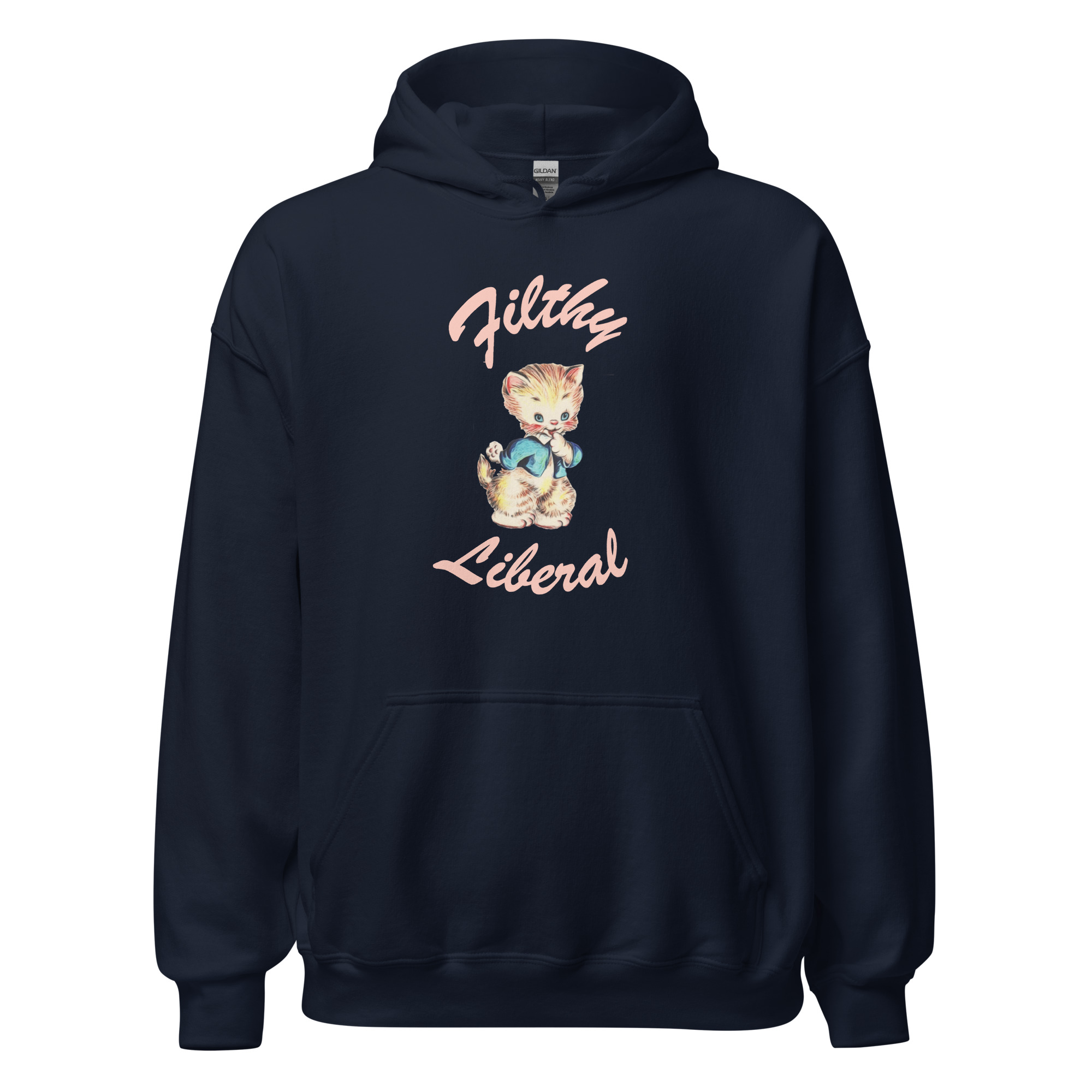 Navy Unisex Hoodie with guilty-looking cat graphic and the words Filthy Liberal