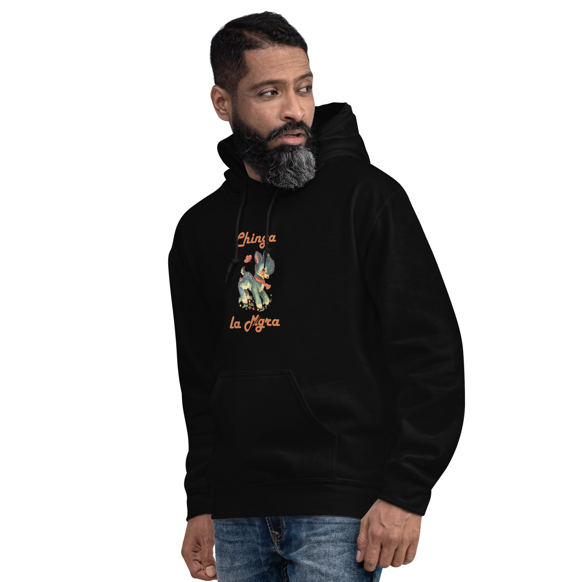Black Unisex Hoodie with a cute fawn graphic and the words Chinga la Migra on male