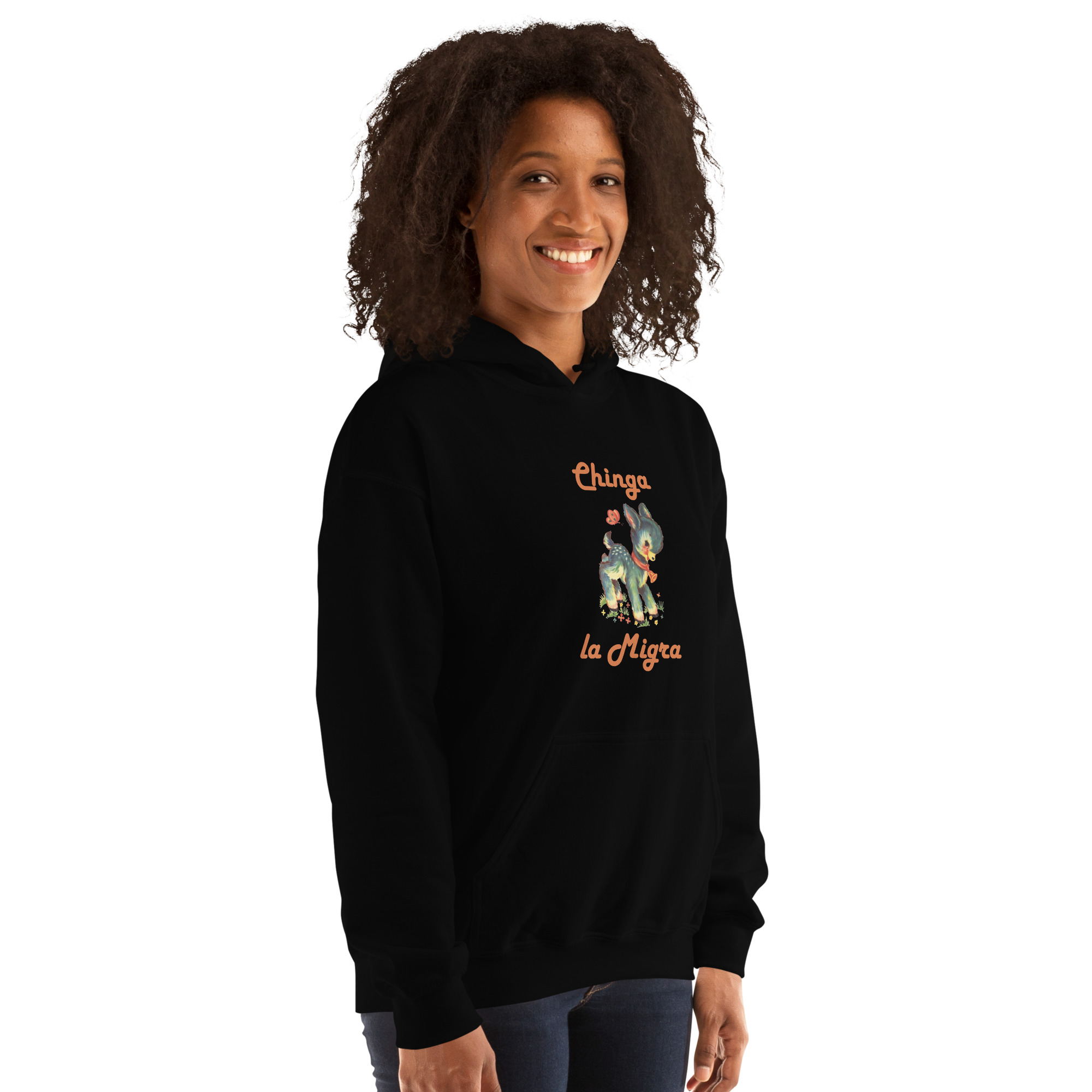 Black Unisex Hoodie with a cute fawn graphic and the words Chinga la Migra on female