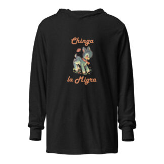 Charcoal Black Hooded Long-Sleeve T-shirt with a cute fawn graphic and the words Chinga la Migra