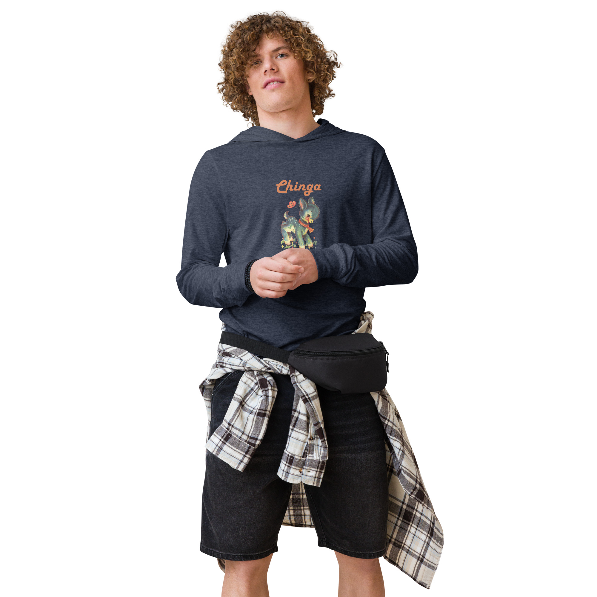 Heather Navy Hooded Long-Sleeve T-shirt with a cute fawn graphic and the words Chinga la Migra on male