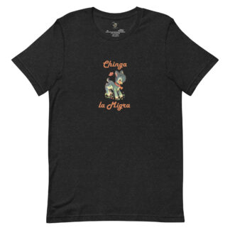 Black Heather t-shirt with a cute fawn graphic and the words Chinga la Migra