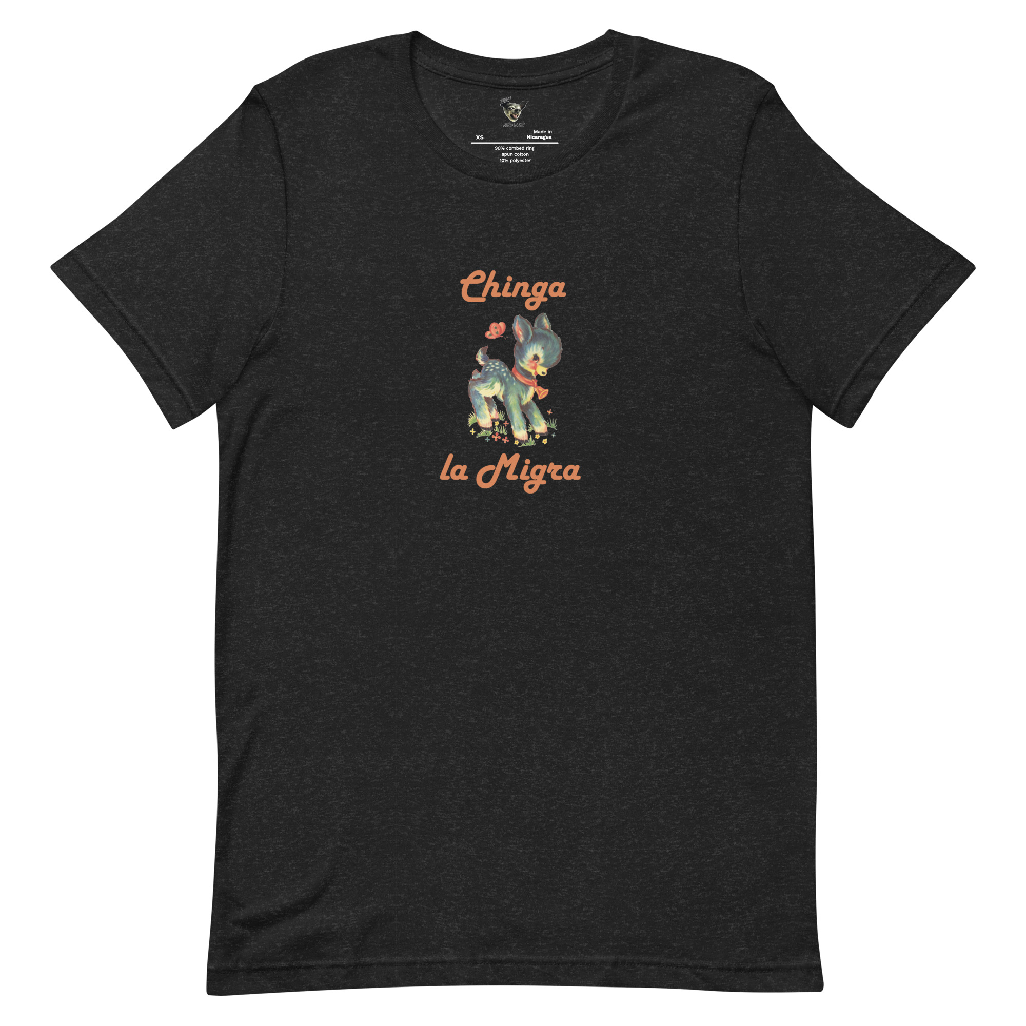 Black Heather t-shirt with a cute fawn graphic and the words Chinga la Migra