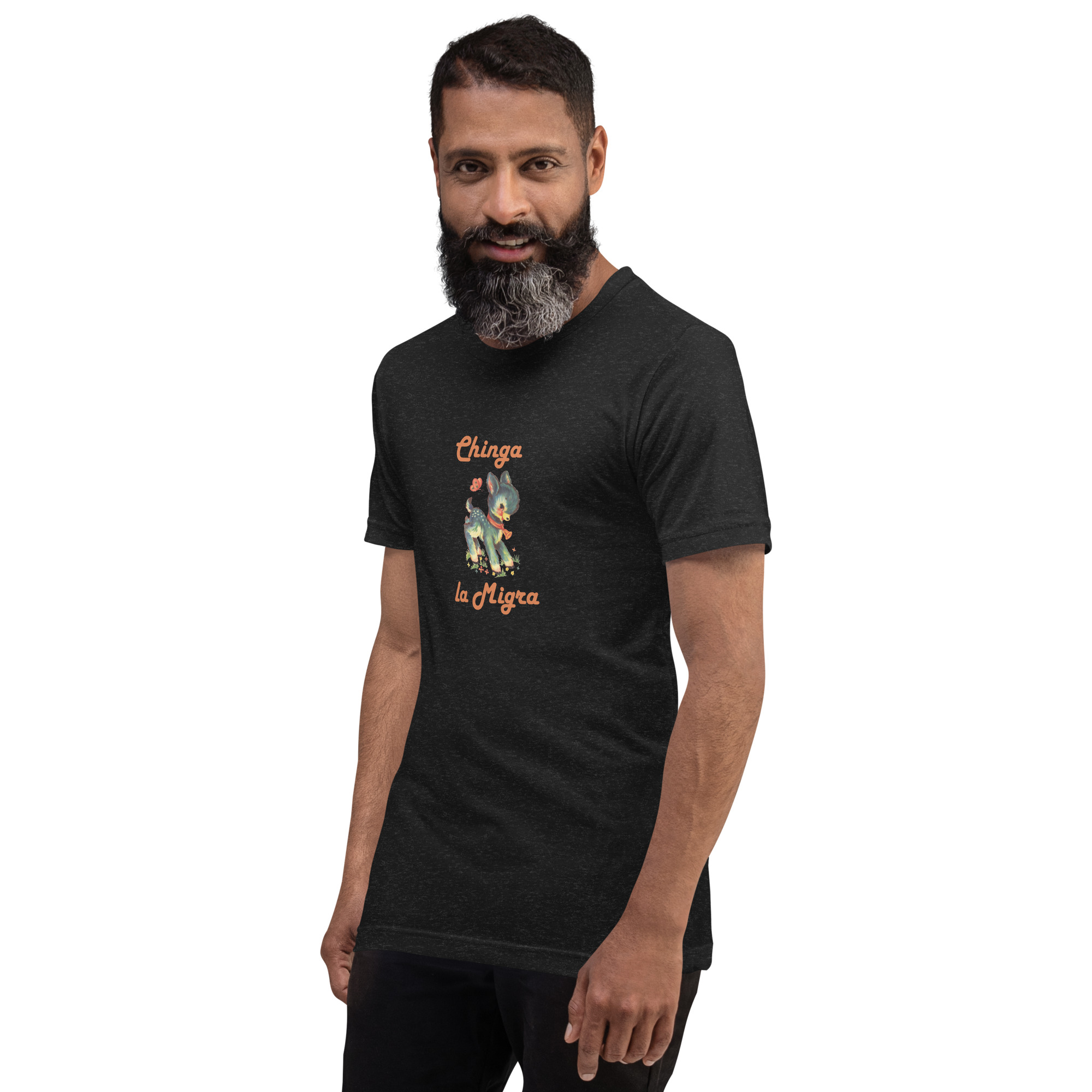 Black Heather t-shirt with a cute fawn graphic and the words Chinga la Migra on male