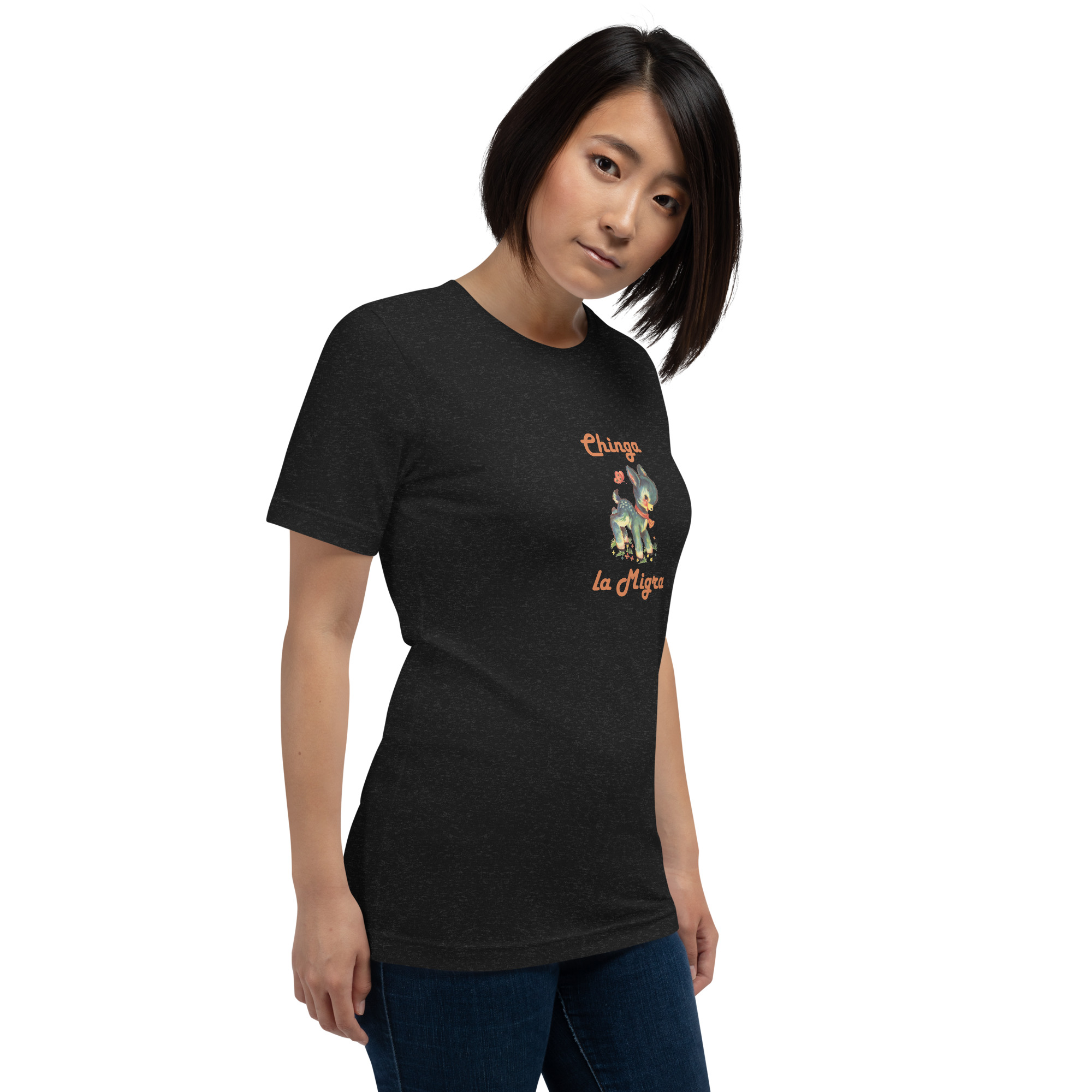 Black Heather t-shirt with a cute fawn graphic and the words Chinga la Migra on female