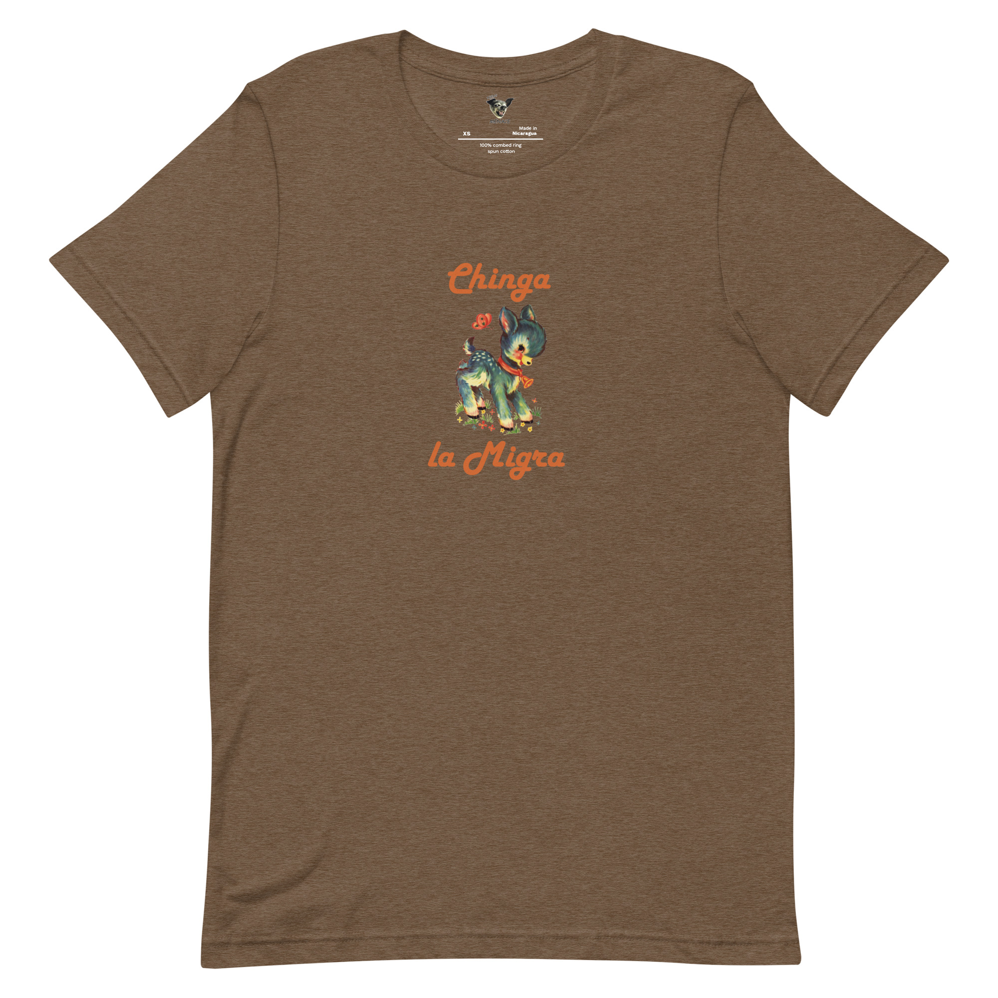 Heather Brown t-shirt with a cute fawn graphic and the words Chinga la Migra