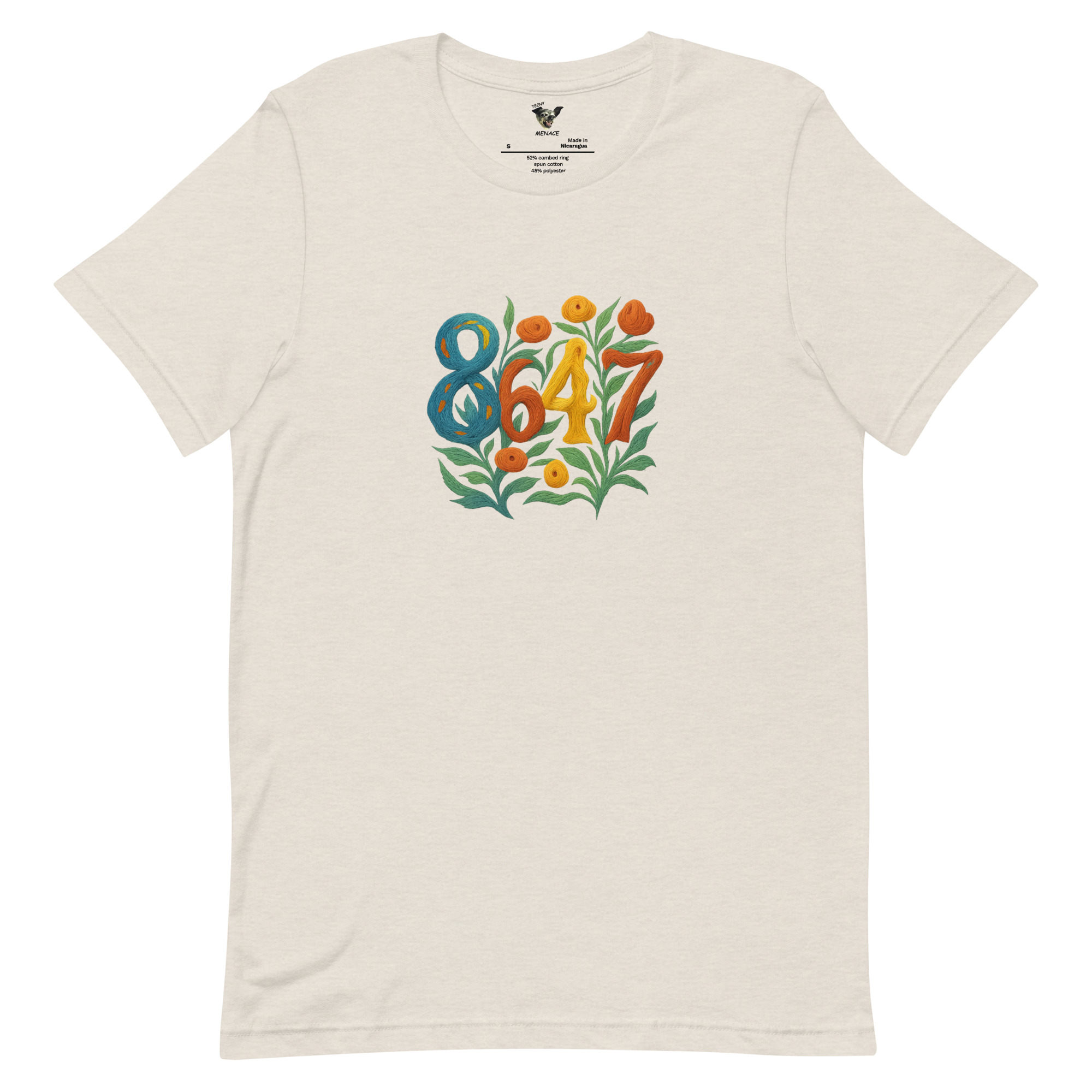 Heather Dust t-shirt with a flower graphic with numbers 8647