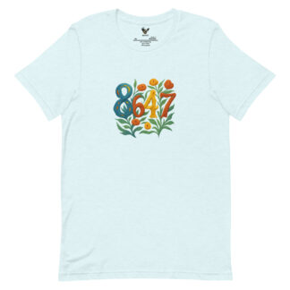 Heather Ice Blue t-shirt with a flower graphic with numbers 8647