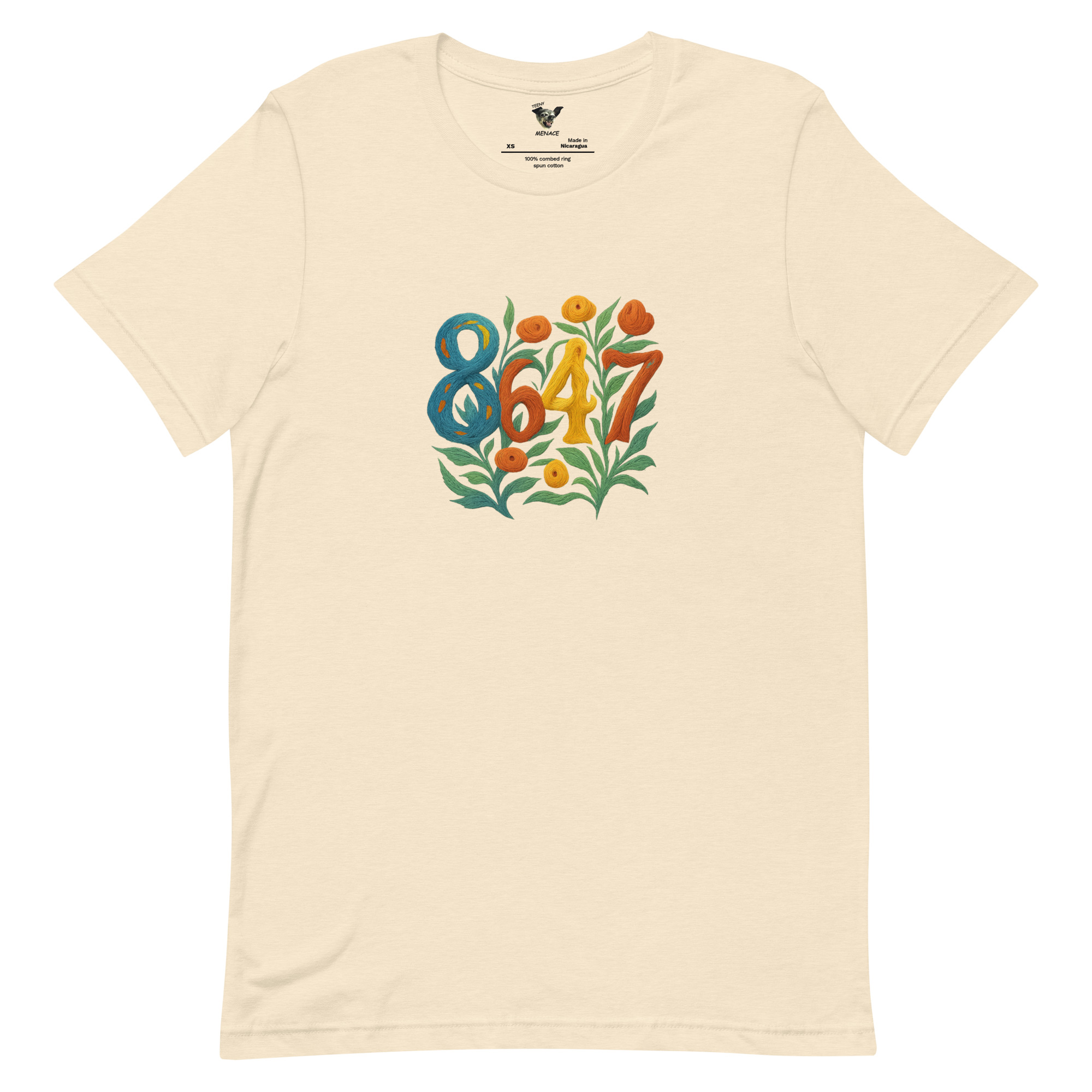 Heather Natural t-shirt with a flower graphic with numbers 8647