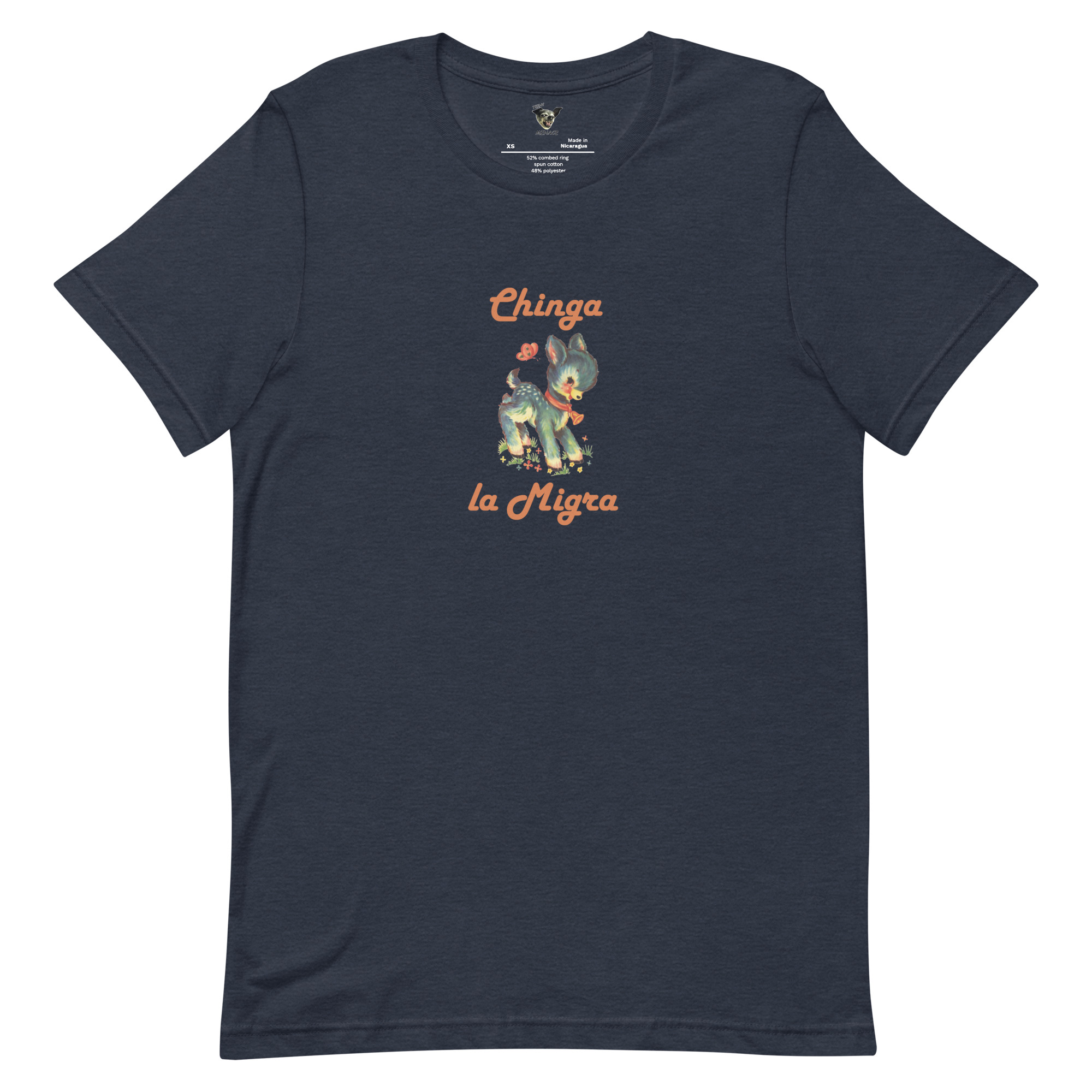 Heather Navy t-shirt with a cute fawn graphic and the words Chinga la Migra