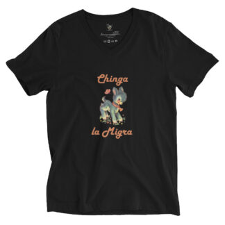 Black V-Neck T-shirt with a cute fawn graphic and the words Chinga la Migra
