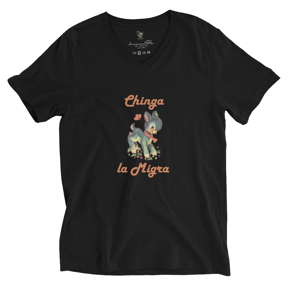 Black V-Neck T-shirt with a cute fawn graphic and the words Chinga la Migra