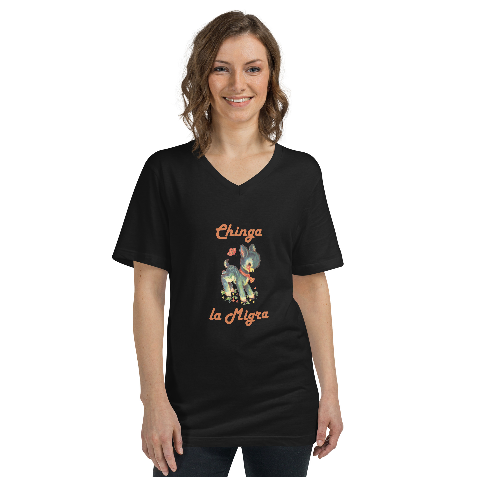 Black V-Neck T-shirt with a cute fawn graphic and the words Chinga la Migra on female