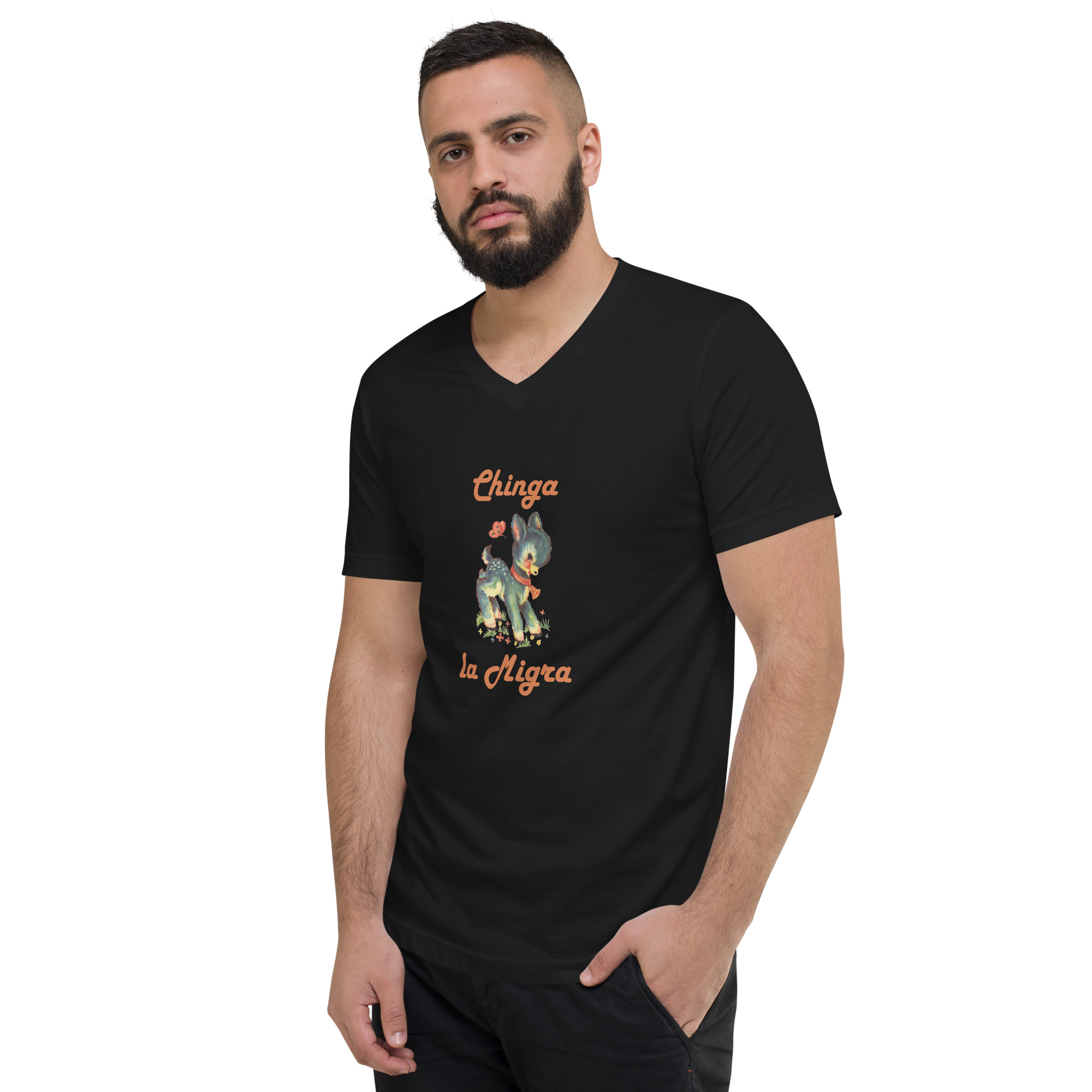 Black V-Neck T-shirt with a cute fawn graphic and the words Chinga la Migra on male