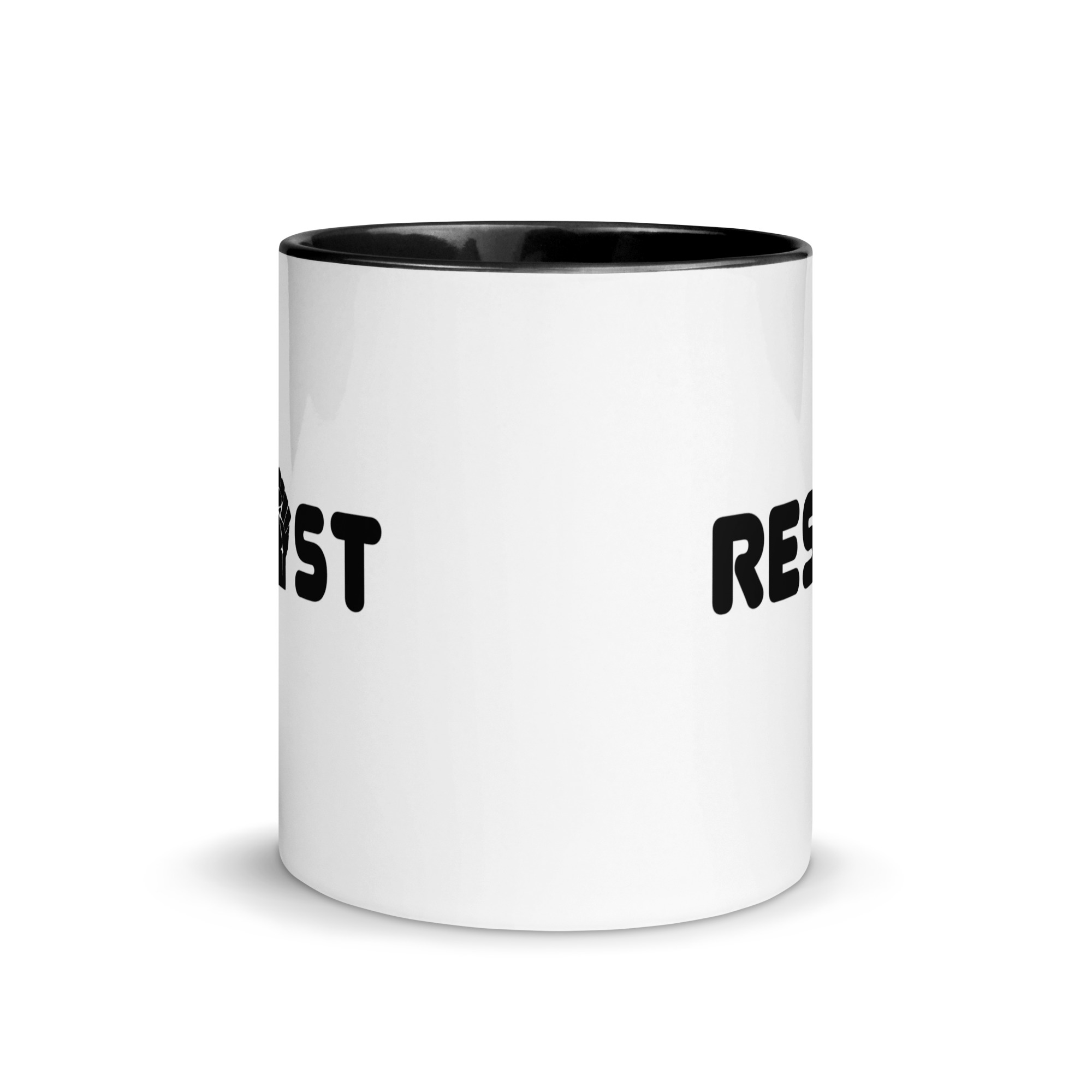 White ceramic mug viewed to see that graphic is on both sides of mug