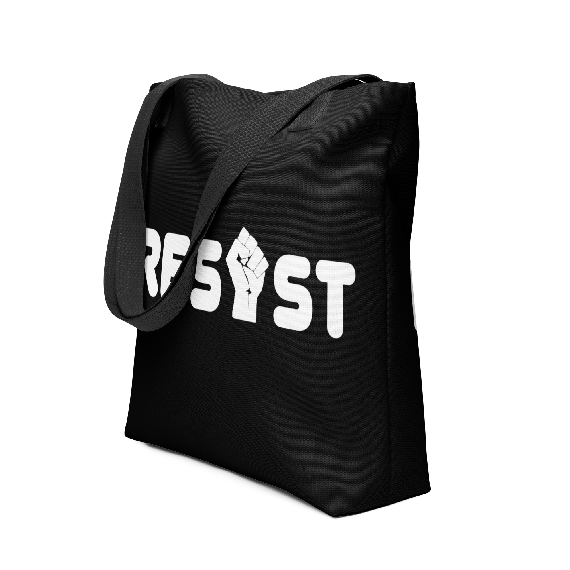 Black tote bag with black handles with the word Resist but the I is a fist graphic