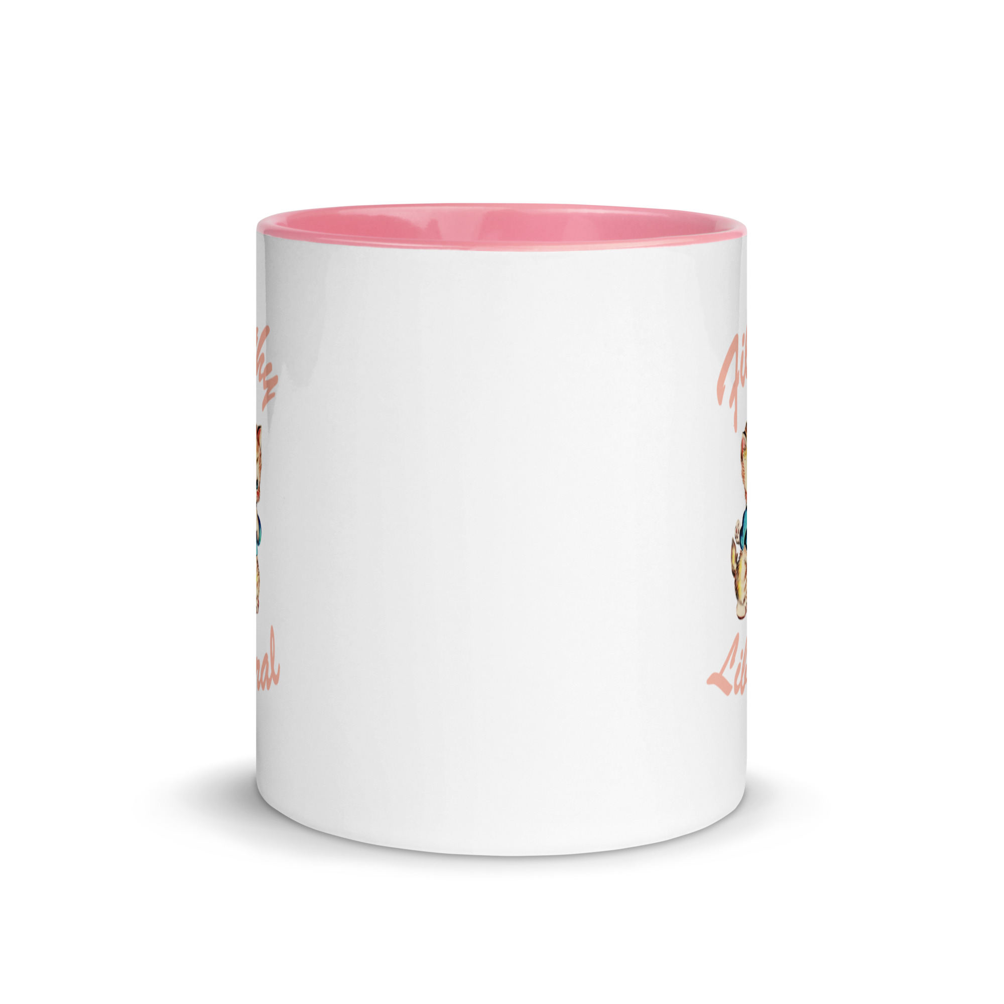 White ceramic mug viewed to see that graphic is on both sides of mug