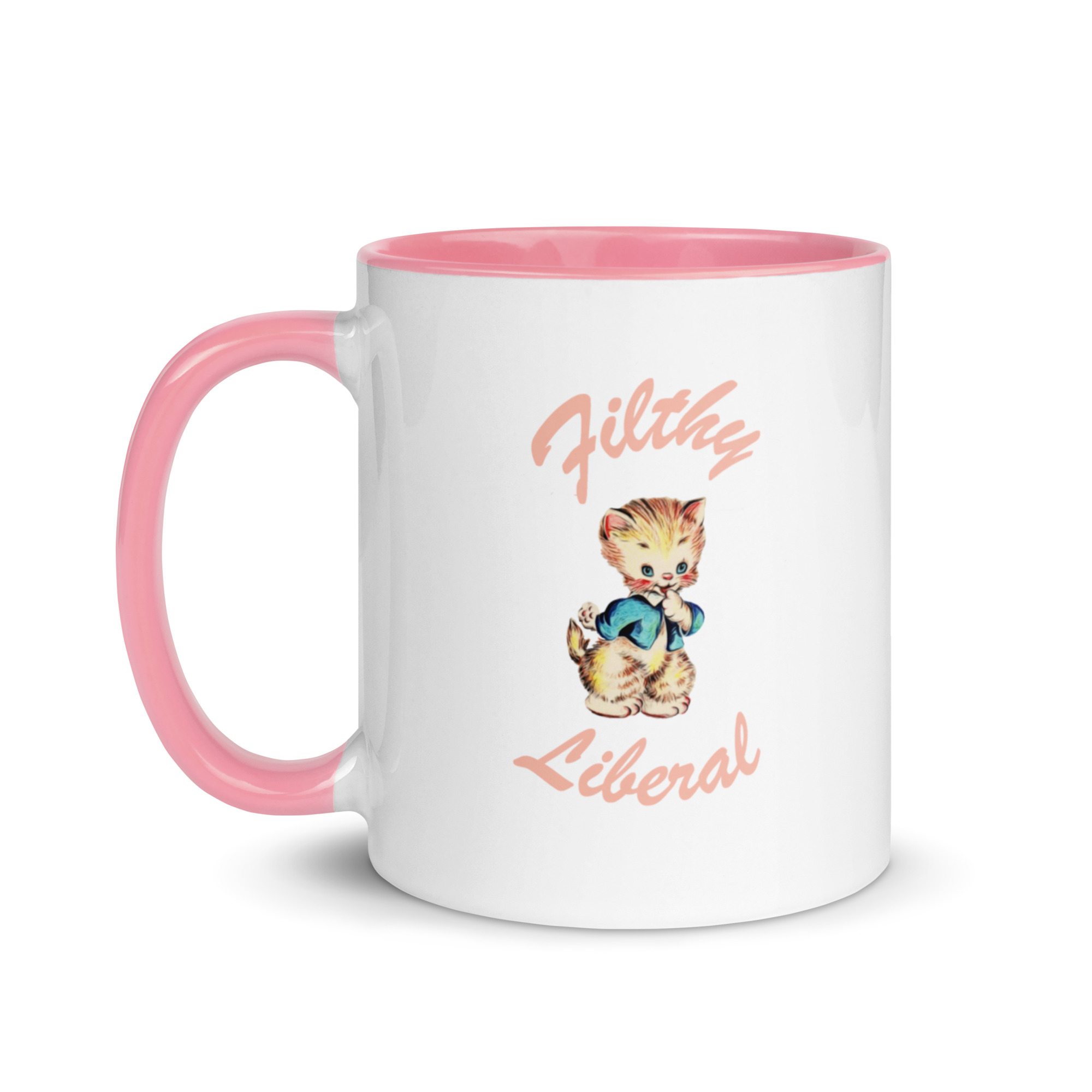 White ceramic mug handle on left with guilty-looking cat graphic and the words Filthy Liberal
