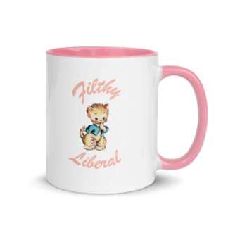 White ceramic mug handle on right with guilty-looking cat graphic and the words Filthy Liberal
