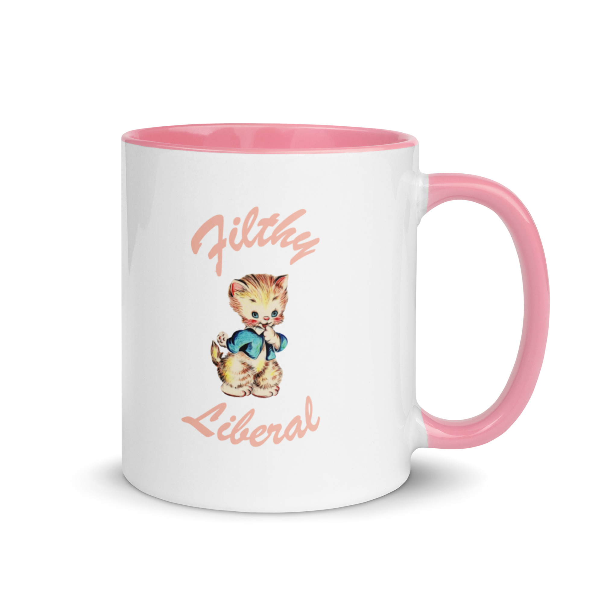 White ceramic mug handle on right with guilty-looking cat graphic and the words Filthy Liberal